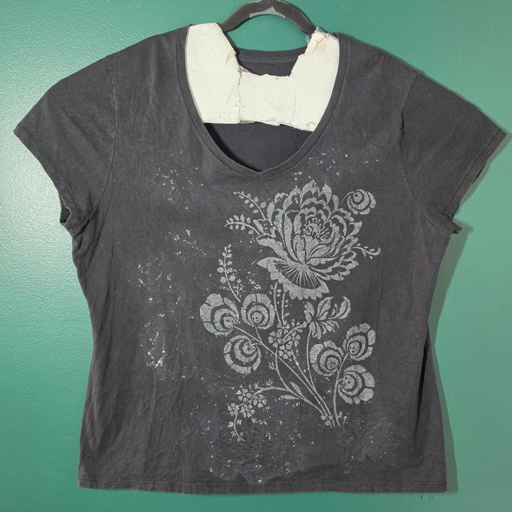 Hanes Live Love Color Womens 2XL Floral Graphic V-Neck T-Shirt Gray Short Sleeve
